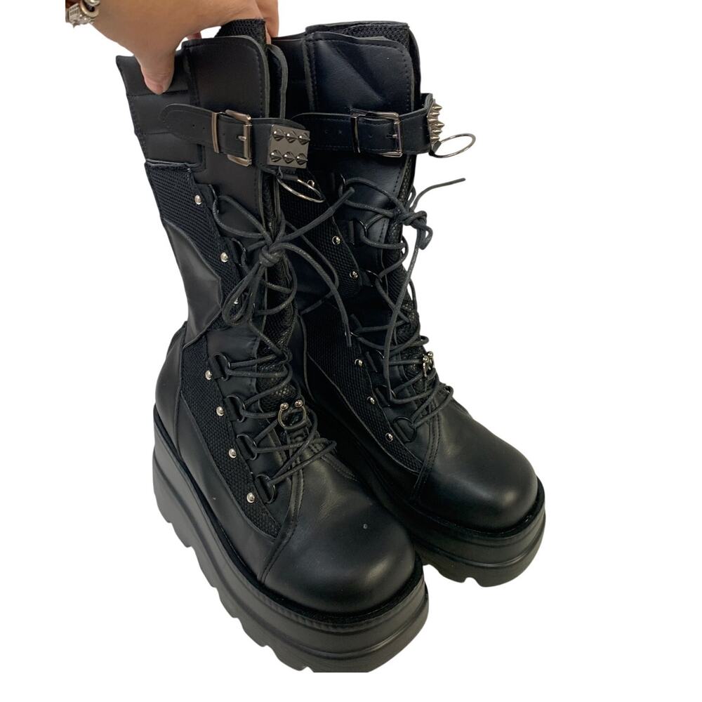 Tscoyuki Women Size 7 Black 3.5" Platform Lace Up Goth Wedge Mid Calf Boot Shoes
